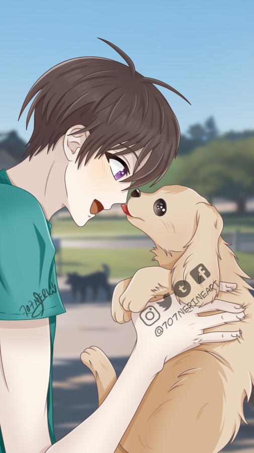 Ilustración digital de un personaje original interactuando con su perro en un entorno exterior.