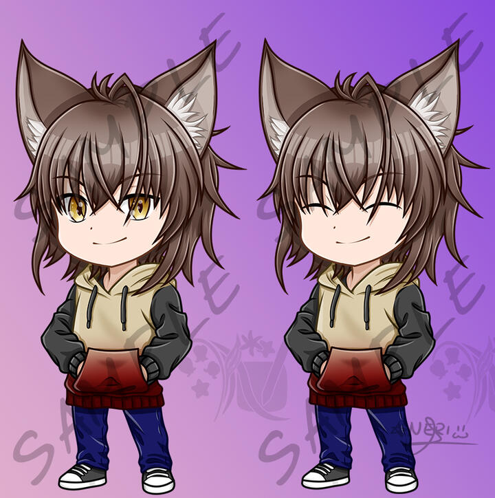 Ilustración de personaje que muestra dos variaciones de diseño del mismo personaje.