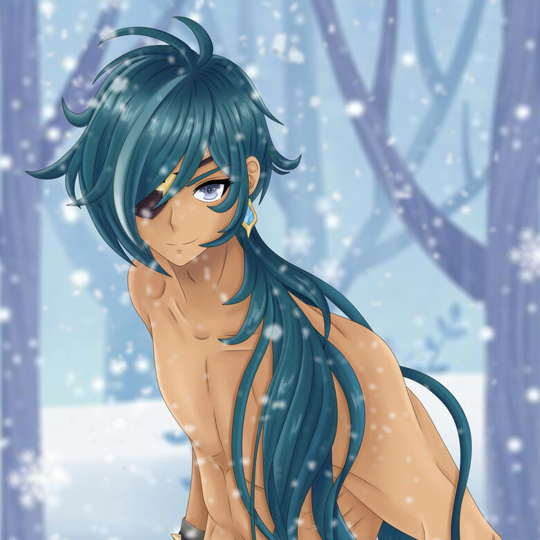 Fanart de Kaeya, personaje de Genshin Impact, en un entorno nevado.